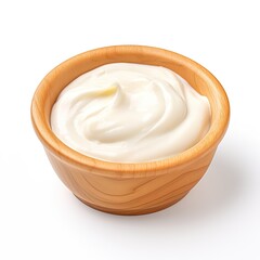 Mayo sauce in wooden bowl isolated on white background, Wooden bowl of fresh sour cream dip sauce