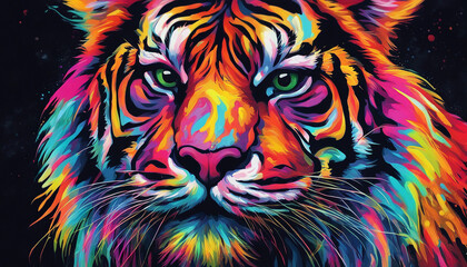 Colorful psychedelic neon painting of a tiger, black background wallpaper