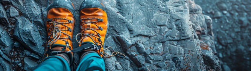A chalk bag and climbing shoes set against a rock face, minimalistic, representing rock climbing, space for text - obrazy, fototapety, plakaty