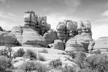 Canyonlands National Park. American nature. Black and white retro filter photo.