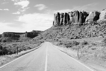 Utah state road. American nature. Black and white retro filter photo.
