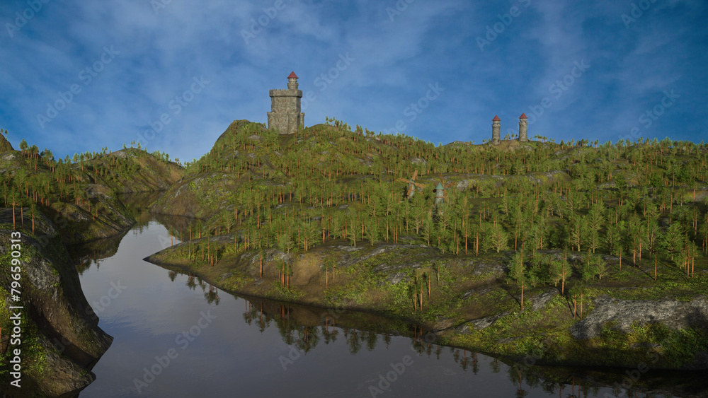 Poster medieval landscape with a castle on a hill surrounded by forest and a lake in the foreground. 3d ren