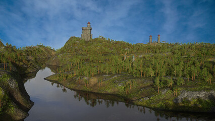 Medieval landscape with a castle on a hill surrounded by forest and a lake in the foreground. 3D rendered illustration.