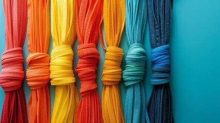 A neatly arranged set of resistance bands in a spectrum of colors, on a simple background, with text space