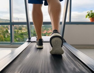 Close-up of man's feet on a treadmill running at the gym or at home.