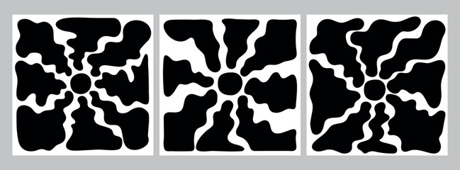 Groovy retro sun and sunbeams set in monochrome colors. Black groovy doodle sunburst. Hippie 60s, 70s style. Vector illustration