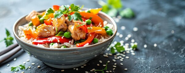 Brightly lit image of a chicken stir-fry with bell peppers and brown rice, focusing on vibrant colors, space for text - obrazy, fototapety, plakaty