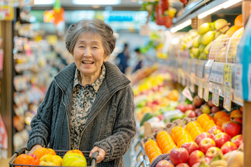 Obraz premium Elderly Woman Selecting Healthy Ingredients at a Supermarket