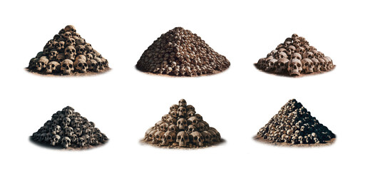Mega set of piles of human skulls stacked. Isolated transparent PNG background. archaeology site cemetery, burial ground, gravesite, graveyard. Pile of human skeletons. Famine and drought. Horror