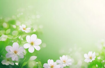 A vibrant light green background with white flowers