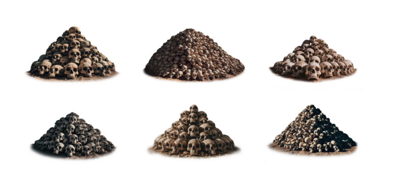 Mega set of piles of human skulls stacked. Isolated transparent PNG background. archaeology site cemetery, burial ground, gravesite, graveyard. Pile of human skeletons. Famine and drought. Horror