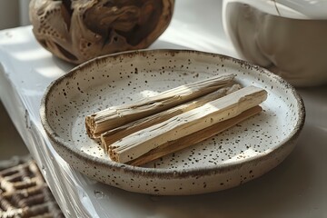 Tranquil Beauty: Wooden Sticks on Textured Dish