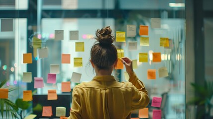 Young woman in a yellow shirt studying colorful sticky notes on a glass wall in a modern office.