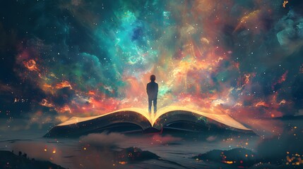 A solitary silhouette stands on an open book as if stepping into a star-filled universe, encapsulating the magic of reading and imagination, Digital art style, illustration painting.