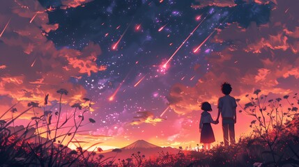 A pair of children hold hands, awestruck by the beauty of a meteor shower streaking across the dusky sky above a tranquil landscape, Digital art style, illustration painting.