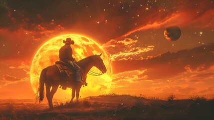 Fototapeta premium A surreal illustration of a cowboy on horseback against an oversized sun setting in a fiery sky with a visible planet, Digital art style, illustration painting.