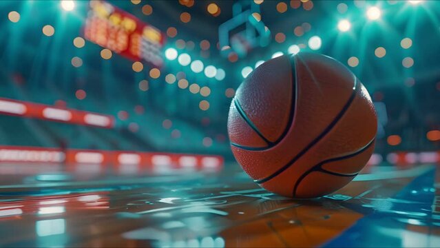 Focused basketball with the echoing arena environment softly blurred behind