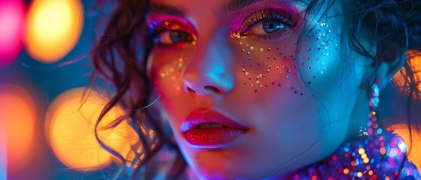 A glamorous diva with neon makeup and a sparkling jumpsuit, radiating confidence on the dance floor