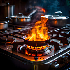 professional gas stove with blue flame, ai-generatet