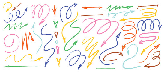 A set of hand-drawn colored arrows on a white background. Doodles, textured design elements.