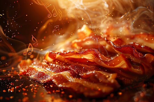 Create an image of sizzling bacon intertwined with musical notes and instruments