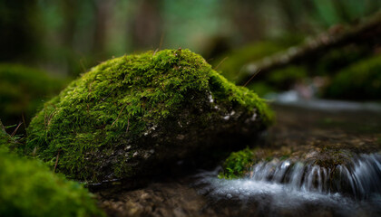 Close-up of stone covered with green moss in woodland. Beautiful forest.