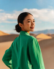 Amidst the vast expanse of the desert, a vision of elegance emerges: a female model, her figure exuding confidence and grace, stands tall against the backdrop of rolling dunes. 
