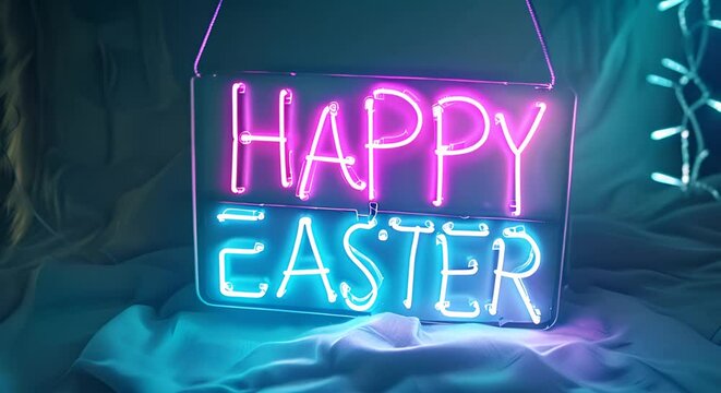 Happy Easter. Happy Easter greeting decorated with neon lights and egg icons