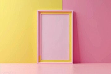Pink and yellow themed room with empty frame on wall in pastel colors, minimalist interior design concept