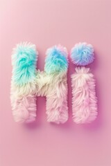 fluffy text "Hi" in pastel colors on a pastel pink background