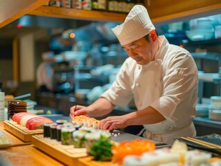 A chef preparing sushi with precision and simplicity in a minimalist kitchen.