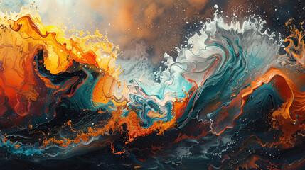 Fluid waves of color ebb and flow across the canvas, evoking a sense of movement and fluidity within the abstract space. 