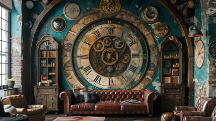 A steampunk-inspired clockwork universe, intricately illustrated on a vintage wall mural, adding a touch of whimsy to a Victorian-themed study. 
