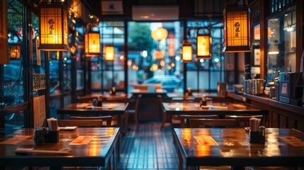 A minimalist Japanese izakaya with clean wooden tables and soft ambient lighting.