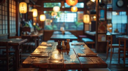 A minimalist Japanese izakaya with clean wooden tables and soft ambient lighting.