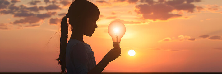 A little child holds a house light bulb in which the sun is setting inside