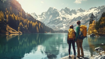 Two hikers with backpacks admiring a stunning mountain lake surrounded by autumn trees.