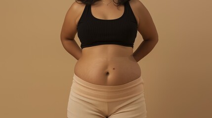 Close-up of a woman's midsection wearing a black tank top and beige shapewear against a tan background.