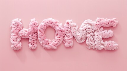 pink fluffy text "HOME" on a pastel pink background