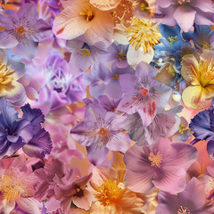 Fototapeta na wymiar Seamless background with summer and spring flowers. Collage. Angelcore style