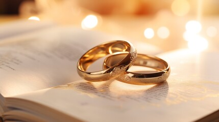 illustration of closeup of golden wedding rings placed on top an open book on blurred background. - Powered by Adobe