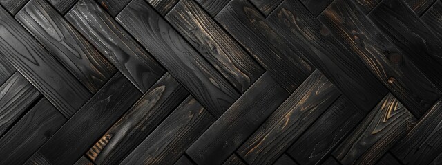 Elegant luxurious dark black brown parquet laminate vinyl floor with herringbone pattern, flooring rustic oak wooden  - wood timber panel decor texture flooring wall background, top view