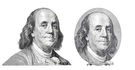 Benjamin Franklin cut from new and old 100 dollars banknote