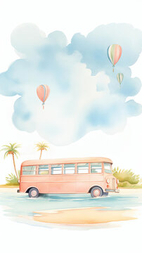 Watercolor of a joyful school bus filled with balloons, rendered in delightful watercolor shades, focusing on a fun and educational theme, isolated on white
