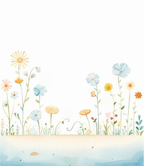 Clipart of a whimsical garden scene, featuring a collection of cute, ornamental flowers growing side by side, rendered in delightful watercolor shades, focusing on a playful and decorative theme