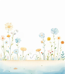 Fototapeta premium Clipart of a whimsical garden scene, featuring a collection of cute, ornamental flowers growing side by side, delightful watercolor shades, focusing on a playful and decorative theme