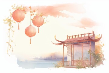 Single object clipart of a traditional Chinese house with intricately hanging lanterns, rendered in vibrant reds and golds, portrayed in a charming watercolor style