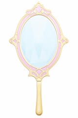 Single object clipart of a handheld mirror with a beautifully patterned back, rendered in soft pastels and detailed gold accents, portrayed in a charming watercolor style