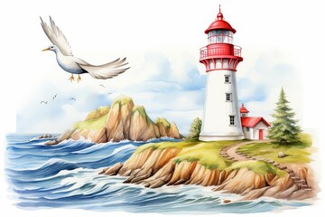 Single object clipart of a majestic lighthouse on a small island, with waves crashing around and seagulls circling above, rendered in vivid colors, portrayed in a charming watercolor style