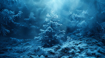 A mysterious fabulous photo in blue a small conifer  - obrazy, fototapety, plakaty